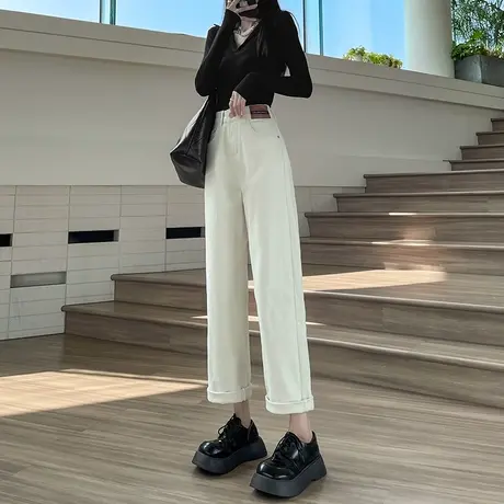 米白色直筒牛仔裤女春秋宽松高腰显瘦2023年新款小个子九分阔腿裤商品大图