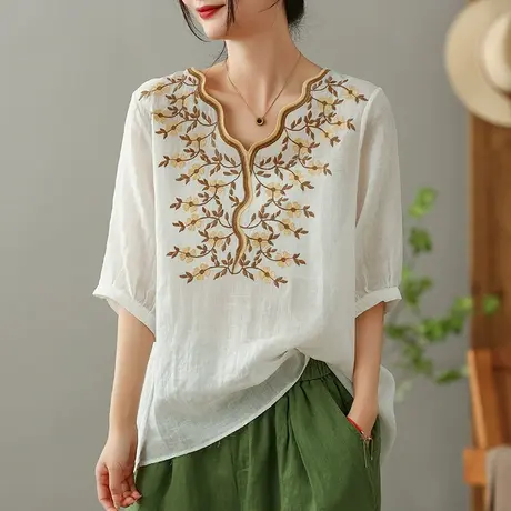 dza波浪刺绣苎麻衬衫女2023夏季薄款V领衬衣宽松显瘦棉麻套头上衣图片