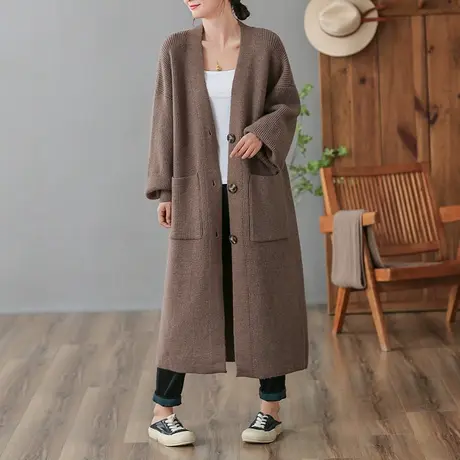 dza复古中长款宽松毛衣外套女士春秋休闲V领针织开衫口袋显瘦上衣图片