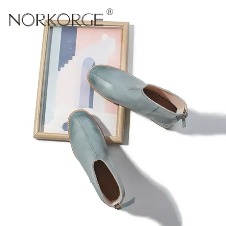 原创手工复古新款复古雾蓝色短靴真皮方头粗跟高跟鞋保暖瘦瘦靴女商品大图