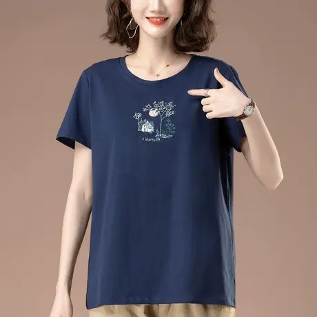 圆领短袖T恤女夏装新款加肥加大码女装宽松中年妈妈休闲纯棉体恤图片