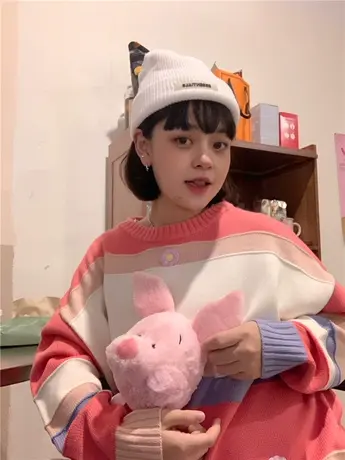 红续毛衣女韩版学院风甜美撞色拼接长袖宽松圆领上衣2023秋冬新款图片