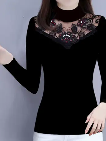 大码蕾丝打底衫女2023春秋新款薄款高档洋气内搭小衫长袖网纱上衣商品大图