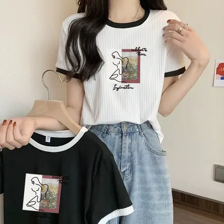 ins超火短袖正肩t恤女夏季宽松韩版潮学生休闲百搭短款螺纹上衣服商品大图