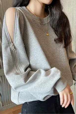 卫衣女设计感小众春秋薄款宽松韩版百搭美式高街上衣拉链露肩外套商品大图