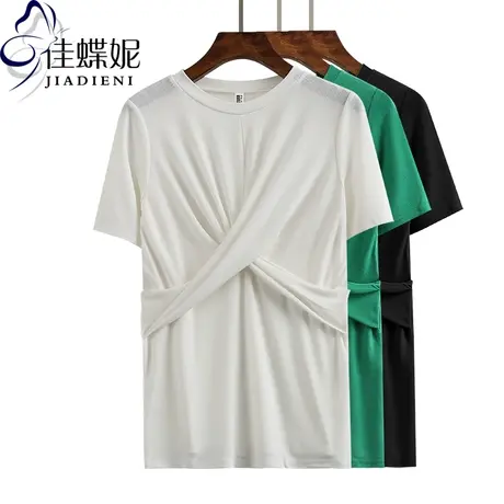 夏季新款韩版圆领短袖修身纯白纯色体恤打底衫休闲简约女上衣T恤商品大图