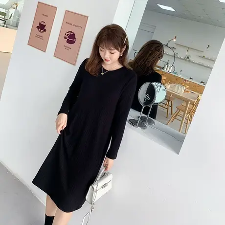 【清仓】冬新款大码女装显瘦遮肚胖MM针织连衣裙黑色中长款打底裙图片