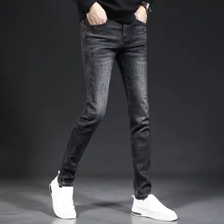 牛仔裤男2023新款修身小脚秋季深灰色韩版潮流弹力休闲男士牛仔裤图片