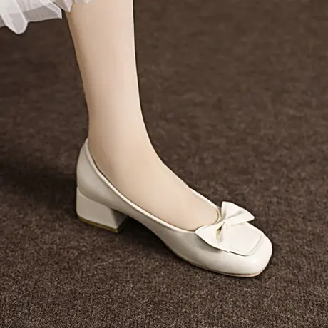 2023春秋新款法式复古蝴蝶结方头浅口软皮奶奶鞋中粗跟百搭单鞋女商品大图