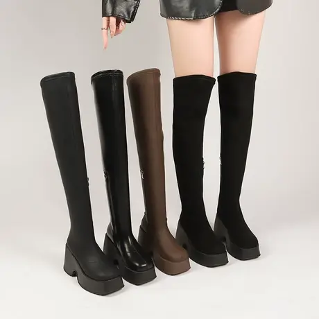 爆款秋冬季加绒靴子2023年新款高跟小个子过膝靴时装粗跟超火长靴商品大图