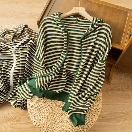 享永子羊毛针织开衫女春秋拉链条纹连帽毛衣外套宽松休闲2023新款图片