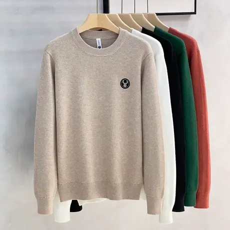 肌理感含羊毛针织衫2023秋冬新款宽松保暖刺绣黑色毛衣男装打底衫商品大图