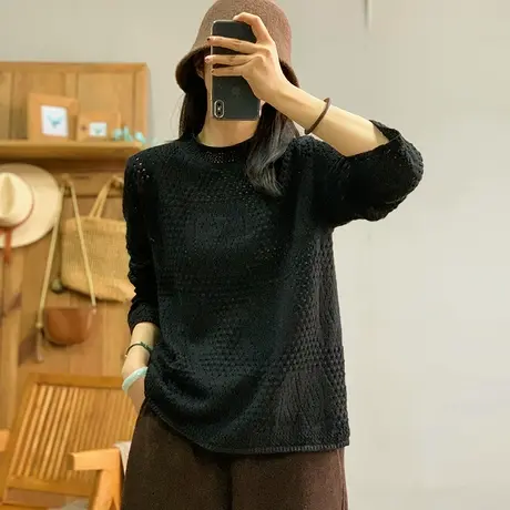 dza 复古纯色棉线针织衫女秋冬内搭洋气上衣打底宽松休闲长袖毛衣商品大图