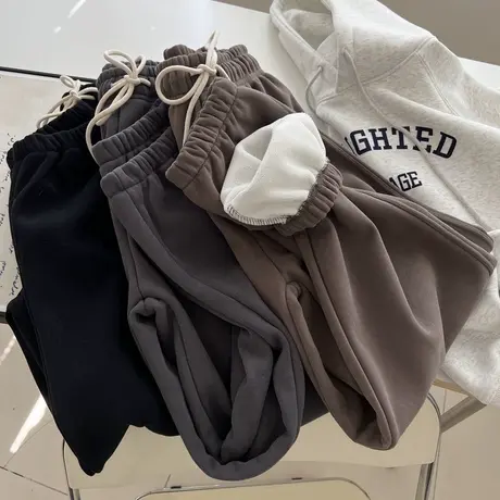 松紧高腰束脚九分裤女秋冬韩版百搭小个子加绒加厚休闲运动阔腿裤图片