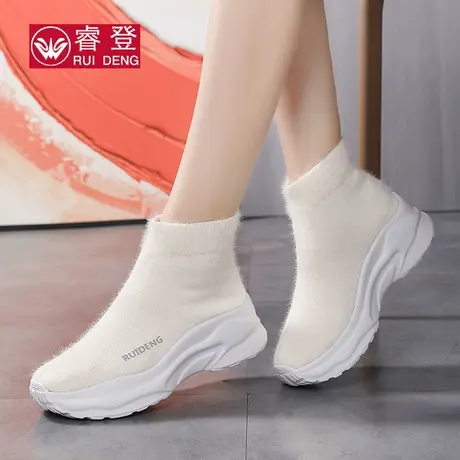 睿登弹力袜子靴加绒高帮女鞋时尚袜子鞋短靴软底休闲鞋女2024春季商品大图