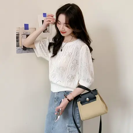 唐狮绞花圆领泡泡袖短袖毛衣女春夏超好看小衫减龄白色T恤图片
