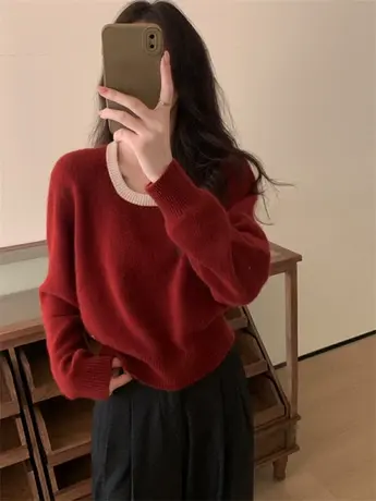 圣诞红色浣熊绒针织衫女打底内搭秋冬季短款撞色方领毛衣新年上衣商品大图