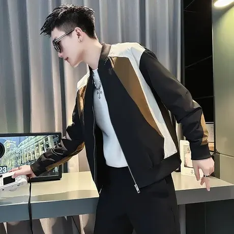 2022年春季新款男棒球领撞色休闲大码外套网红时尚夹克棒球服上衣商品大图