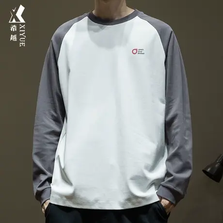 希越美式重磅拼接长袖T恤男士2024春季新款宽松大码内搭打底衫潮商品大图