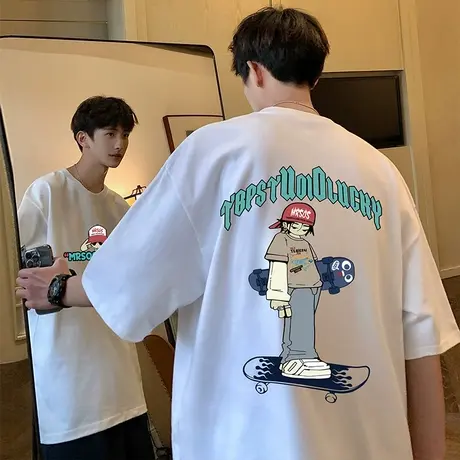 短袖T恤男夏季2023新款重磅纯棉港风潮牌男装白色美式宽松上衣服商品大图