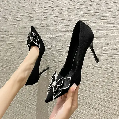 高跟鞋女2024年新款气质尖头浅口蝴蝶结水钻通勤黑色职业性感单鞋商品大图