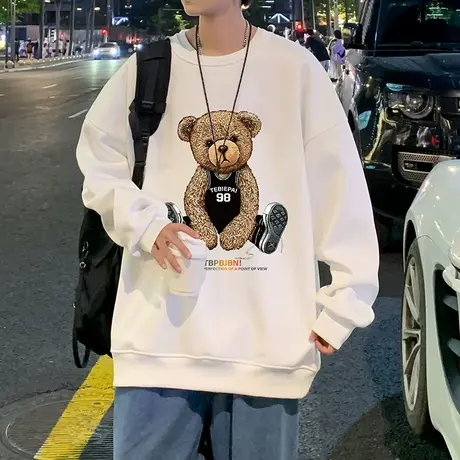 港风无帽卫衣男秋冬季ins潮牌打底衫宽松长袖上衣服小熊圆领外套商品大图