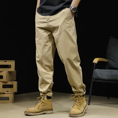 卡其休闲裤男直筒春季2024新款潮牌拼接工装裤子宽松大码男士锥形商品大图