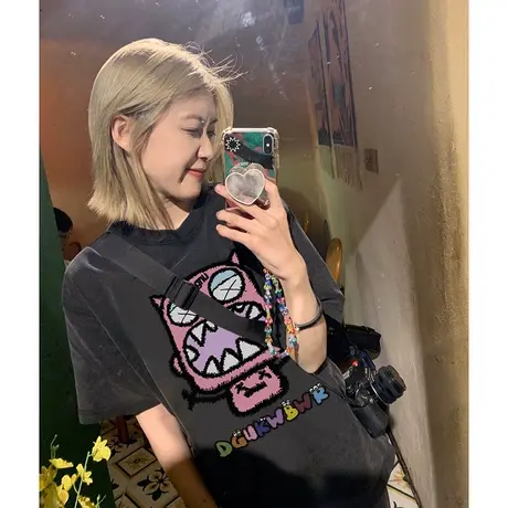 重磅纯棉黑色短袖t恤女宽松圆领美式复古设计感小众潮牌半袖上衣商品大图