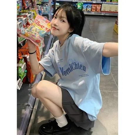 纯棉短袖t恤女夏季2023年新款设计感小众宽松半袖显瘦上衣小个子商品大图