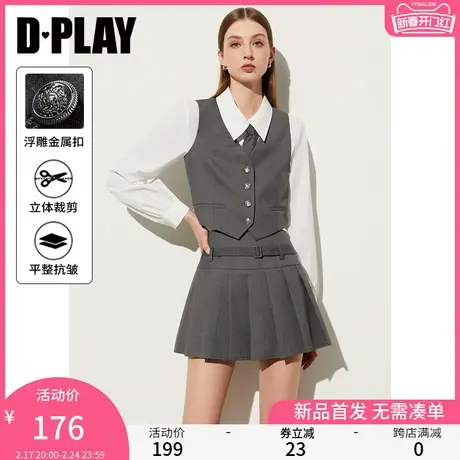 DPLAY春通勤灰色V领直身大身袋唇装饰单排扣背心马甲上衣女商品大图
