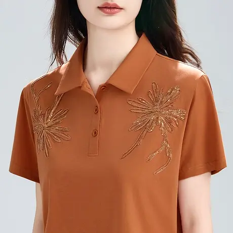 POLO领纯棉t恤女夏装短袖2024年新款时尚中年妈妈重工刺绣体恤衫图片