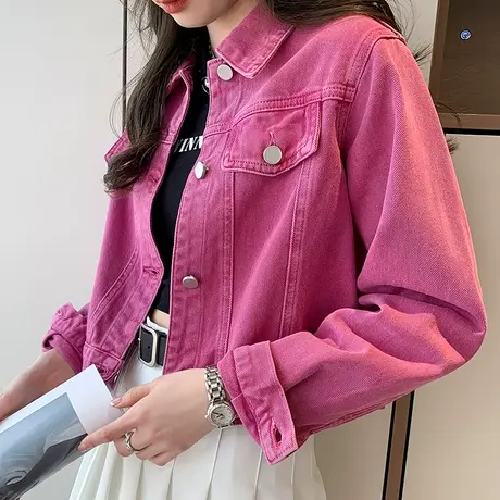 美式粉色牛仔短外套女2024春秋季新款宽松韩版慵懒风外搭夹克上衣图片