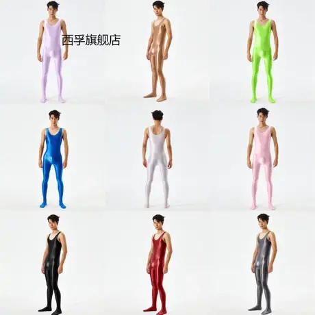 欧美大码油亮光泽丝滑连体衣男女高弹开档免脱性感透明透气紧身商品大图