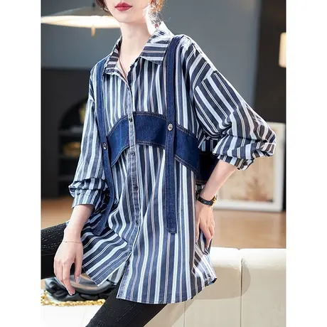 宝诗黎牛仔条纹拼接长袖衬衫2024春季新款设计感休闲棉质中长衬衣商品大图