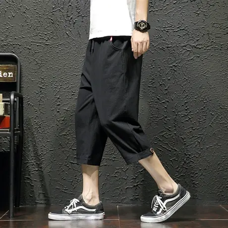 短裤男七分裤宽松男士夏季系带日系胖子大码亚麻7分裤男休闲裤子商品大图