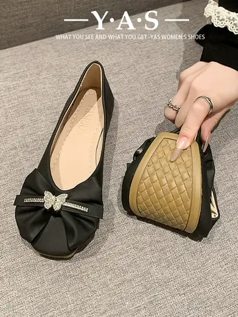 法式晚风单鞋女平底2024春季新款蝴蝶结浅口百搭仙女四季豆豆瓢鞋图片