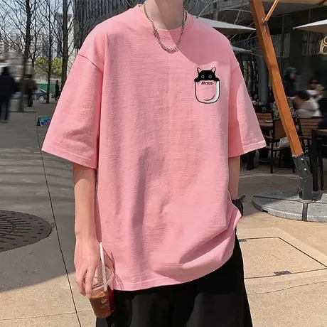 美式简约猫咪印花短袖t恤男女2024夏季新款宽松oversize纯棉上衣商品大图