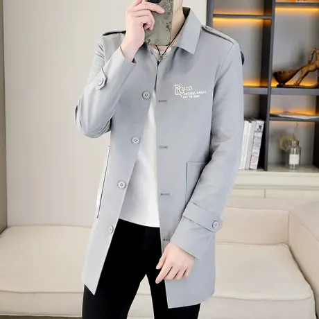 男士中长款风衣春秋新款潮流韩版帅气翻领高级感大衣青年工装外套图片