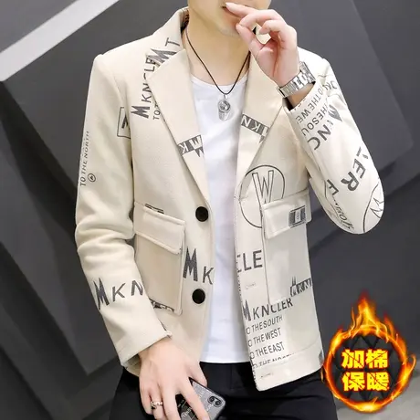 毛呢外套男士潮流工装西服夹克秋冬季加棉加厚帅气呢子休闲小西装商品大图