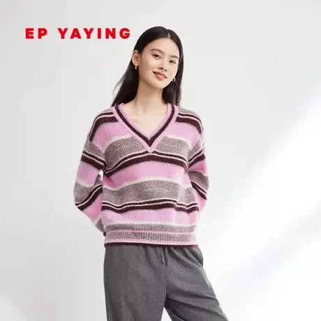 EP YAYING雅莹女装 马海毛V领撞色条纹针织衫 2023秋冬新款9550A商品大图
