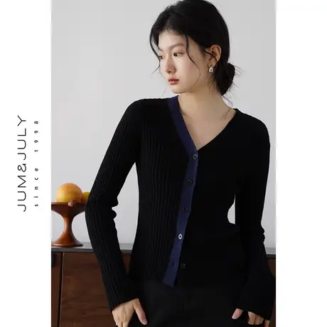 嘉茱莉2023秋季新款撞色V领针织开衫女绵羊毛针织衫短款修身毛衣商品大图