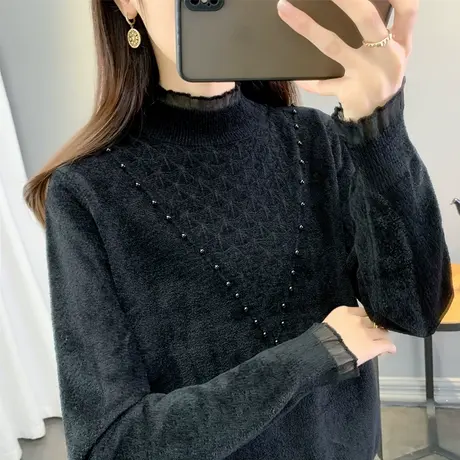 天鹅绒半高领毛衣女加厚打底衫2023秋冬新款蕾丝针织衫内搭上衣潮图片