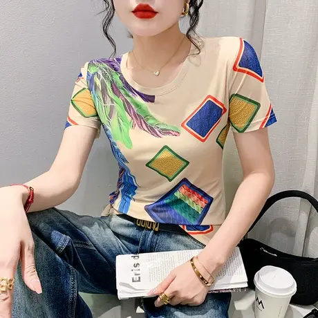 欧货网纱短袖T恤女2023夏新款气质减龄印花小衫别致显瘦圆领上衣商品大图