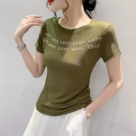 欧货气质网纱上衣女短袖时尚性感修身T恤重工烫钻小衫百搭半袖夏商品大图