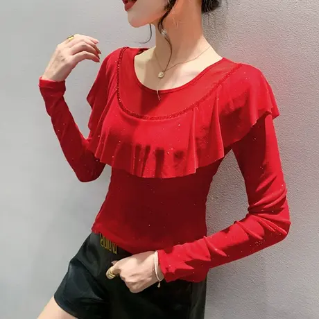 欧货荷叶边打底衫女长袖2023秋季新款圆领网纱T恤百搭修身上衣ins商品大图