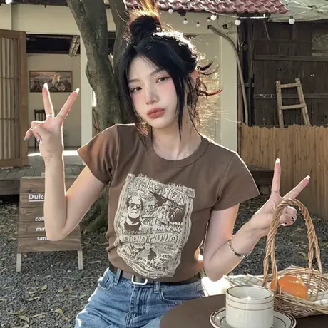 美式复古正肩短袖T恤女夏季2023新款辣妹风时尚修身短款上衣ins潮商品大图