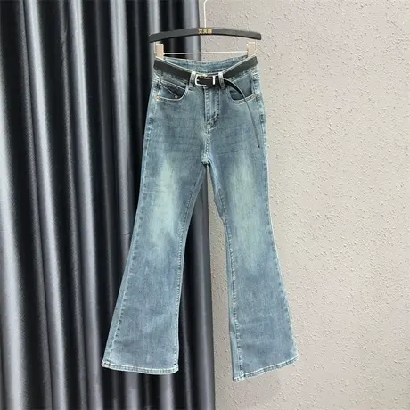 时尚复古气质高腰牛仔长裤港味2023早秋新款显瘦韩版弹力微喇裤女商品大图