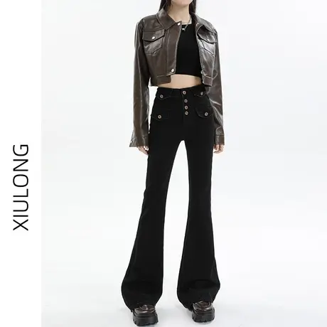 黑色高腰微喇牛仔裤女秋季2023年新款显瘦设计感小众马蹄喇叭裤子商品大图