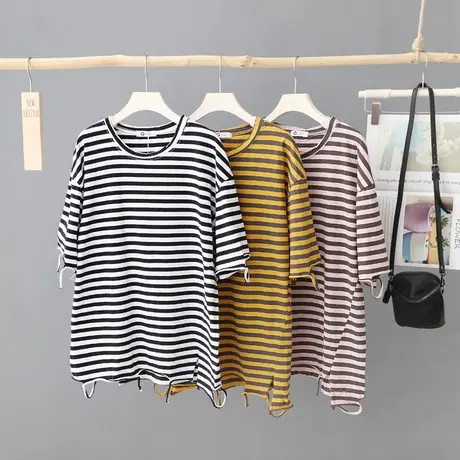 2023夏季新款小众条纹破洞短袖t恤女宽松圆领套头打底体恤衫上衣图片