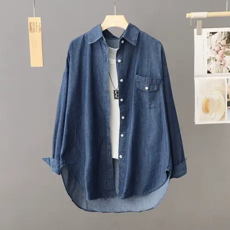 休闲牛仔衬衫外套女前短后长宽松中长款大码衬衣春秋开衫百搭上衣图片